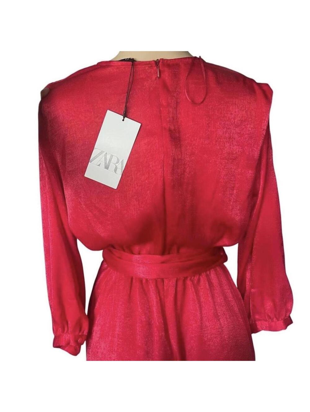 Zara Fuchsia Red Wrap Romper Long Sleeves Shimmering Belted Party (NWT) - Picture 6 of 8
